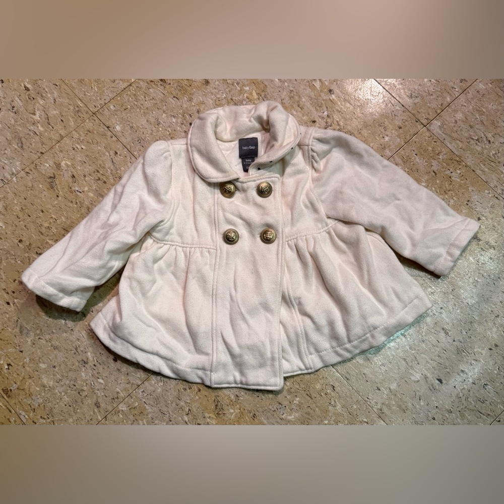 Girl BABY GAP Ivory White Gold Button L/s Swing Jacket Coat Sz 6-12 M EUC